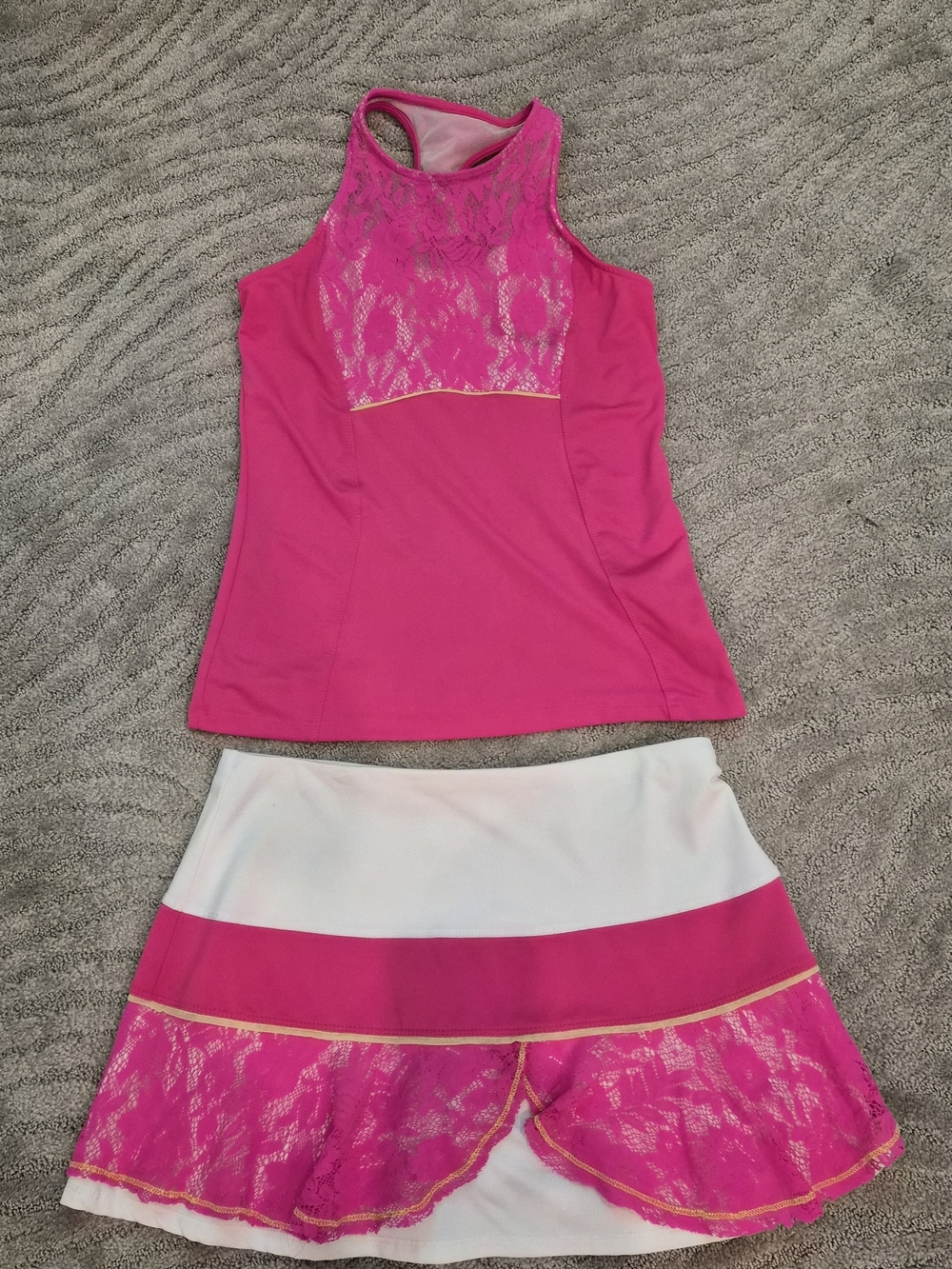 2 Piece - Lucky In Love - Hot Pink Lace-Trim  Tennis Skirt with Tennis Tank -S/M